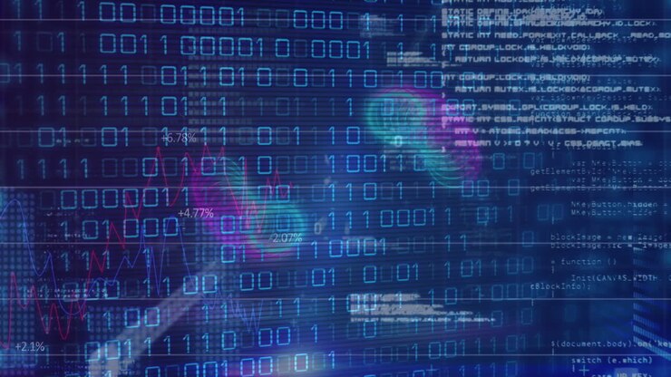 Animation of financial data processing and binary coding over cityscape