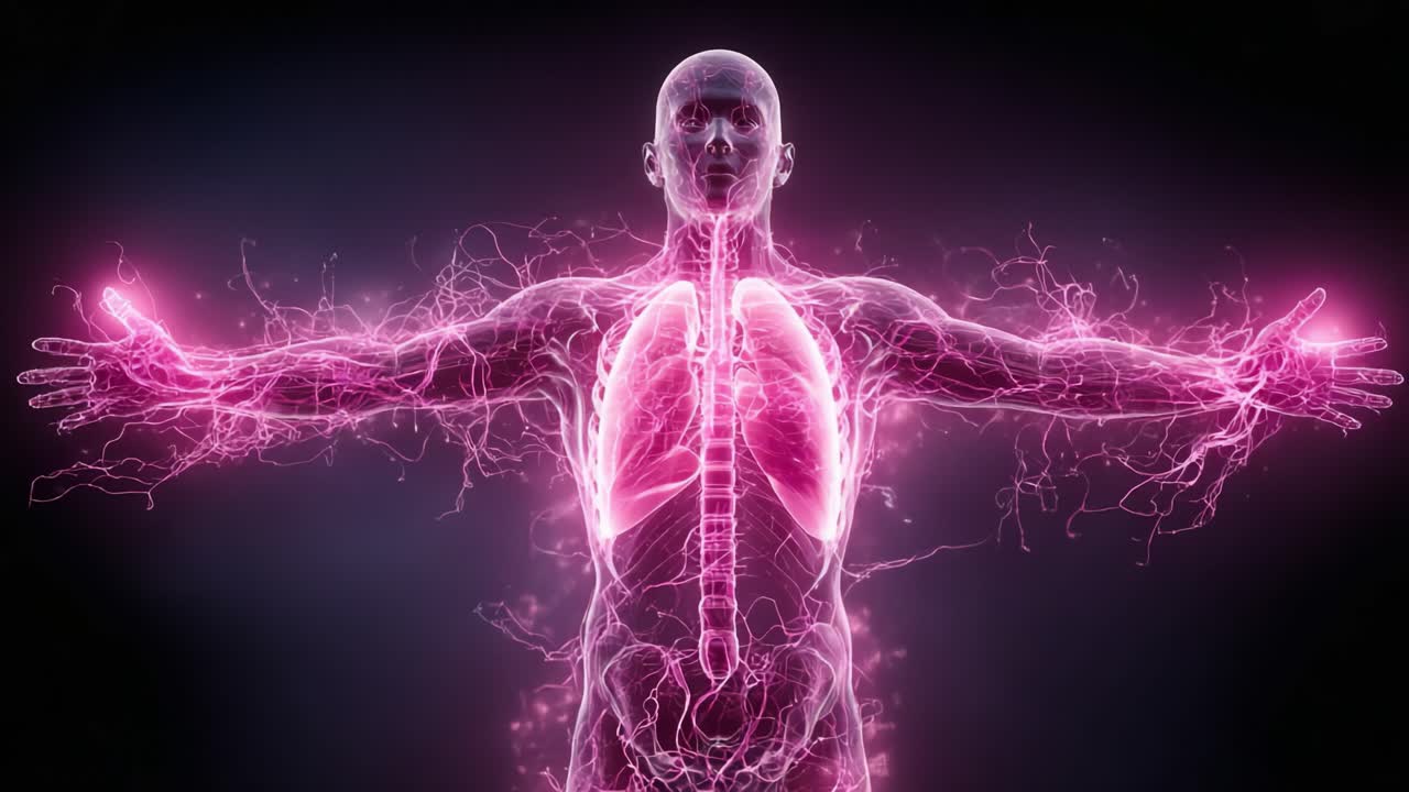 A stunning visual representation of the human body showcased through vibrant pink energy, illustrating the intricate connection between anatomy and vitality in a mesmerizing way