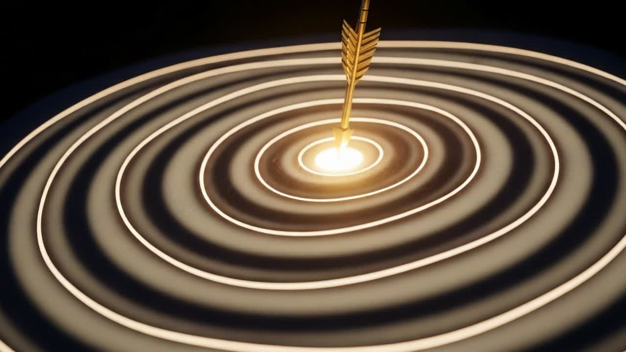A Golden Arrow Embedded in the Center of Concentric Light Waves Demonstrating Precision and Focus in a Visually Striking Arrangement of Geometric Patterns
