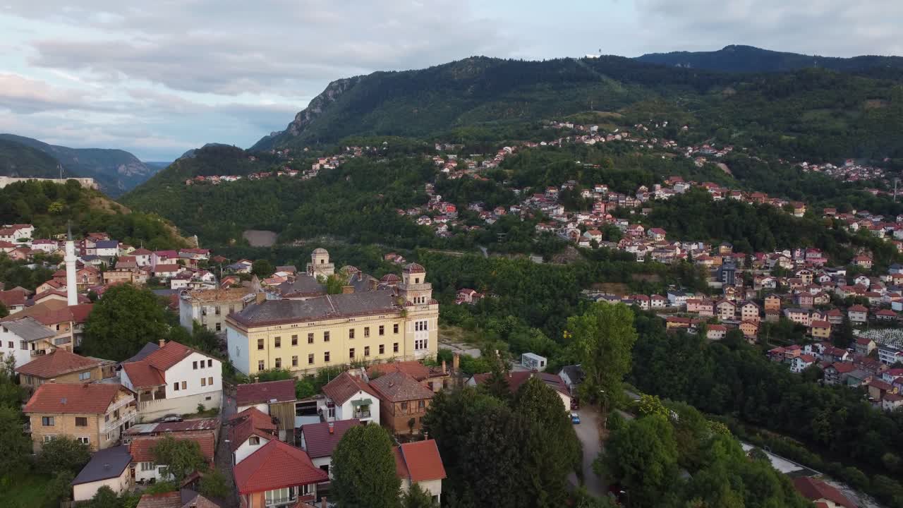 Aerial view over former Austro-Hungarian Jajce Barracks and Mount Trebevic in Sarajevo, Bosnia and Herzegovina
