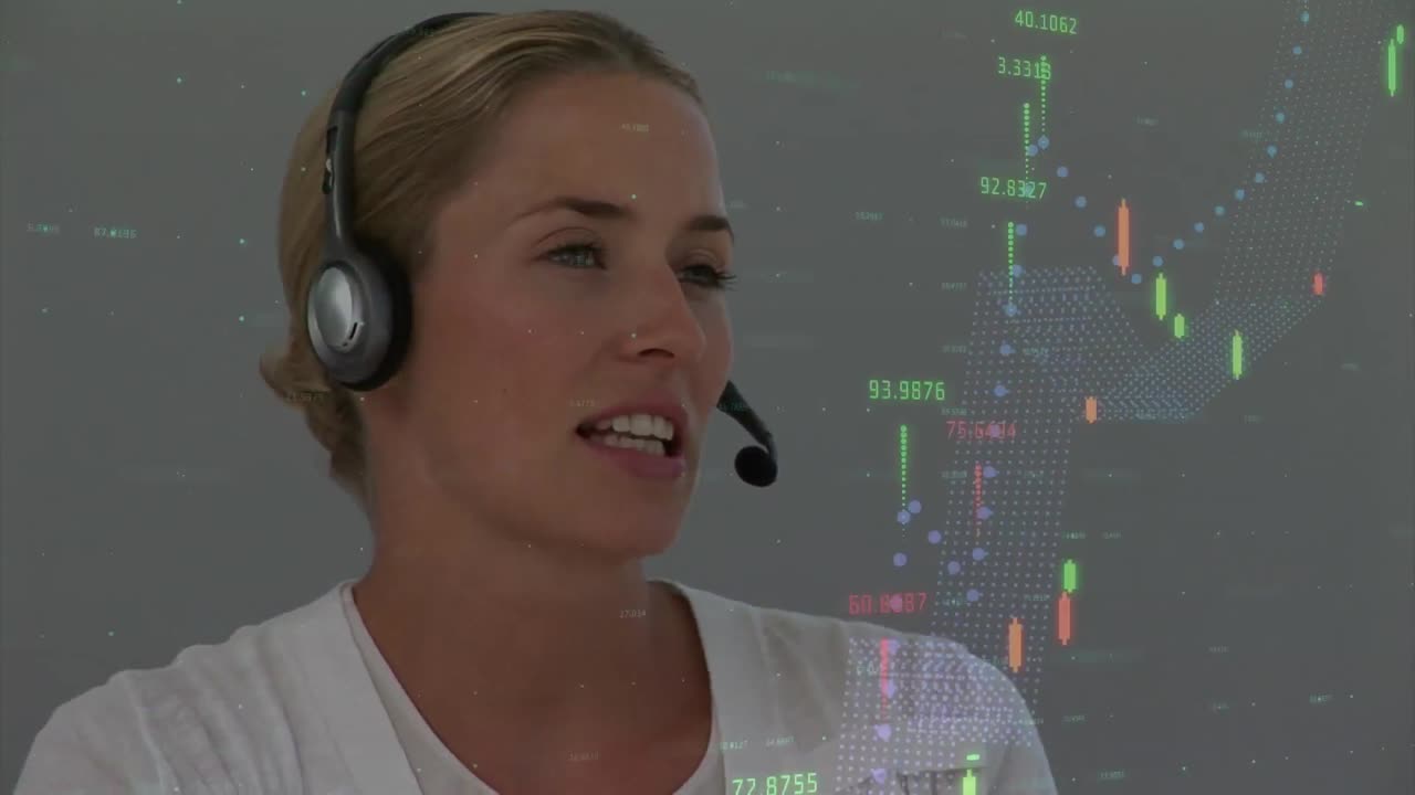 전화 헤드 ⁇ 을 사용하는 사업가 여성에 대한 데이터 처리 애니메이션