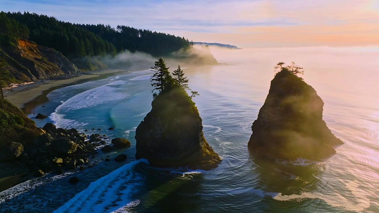 Approaching drone framing sea stacks topped with evergreens at rocky beach, capturing waves and fog