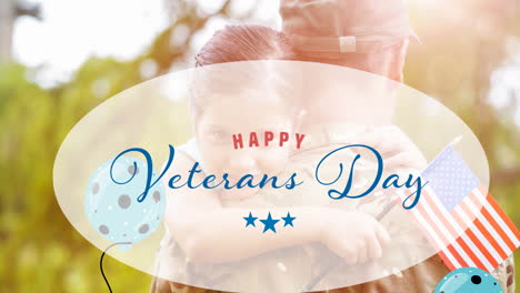 animación del texto del día de los veteranos sobre el soldado estadounidense con su hija