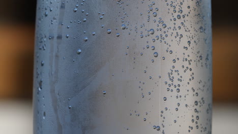 vista estática que revela burbujas brillantes que se elevan en una botella de agua fría
