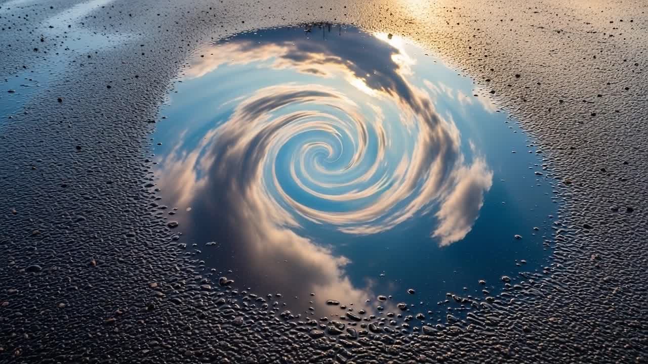 A Whirling Reflection: Captivating Spiral of Clouds and Sky in a Shimmering Puddle on a Smooth Surface, Merging Earth and Sky in a Unique Natural Phenomenon