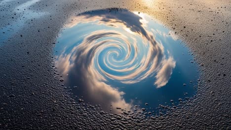 a whirling reflection: captivating spiral of clouds and sky in a shimmering puddle on a smooth surface, merging earth and sky in a unique natural phenomenon