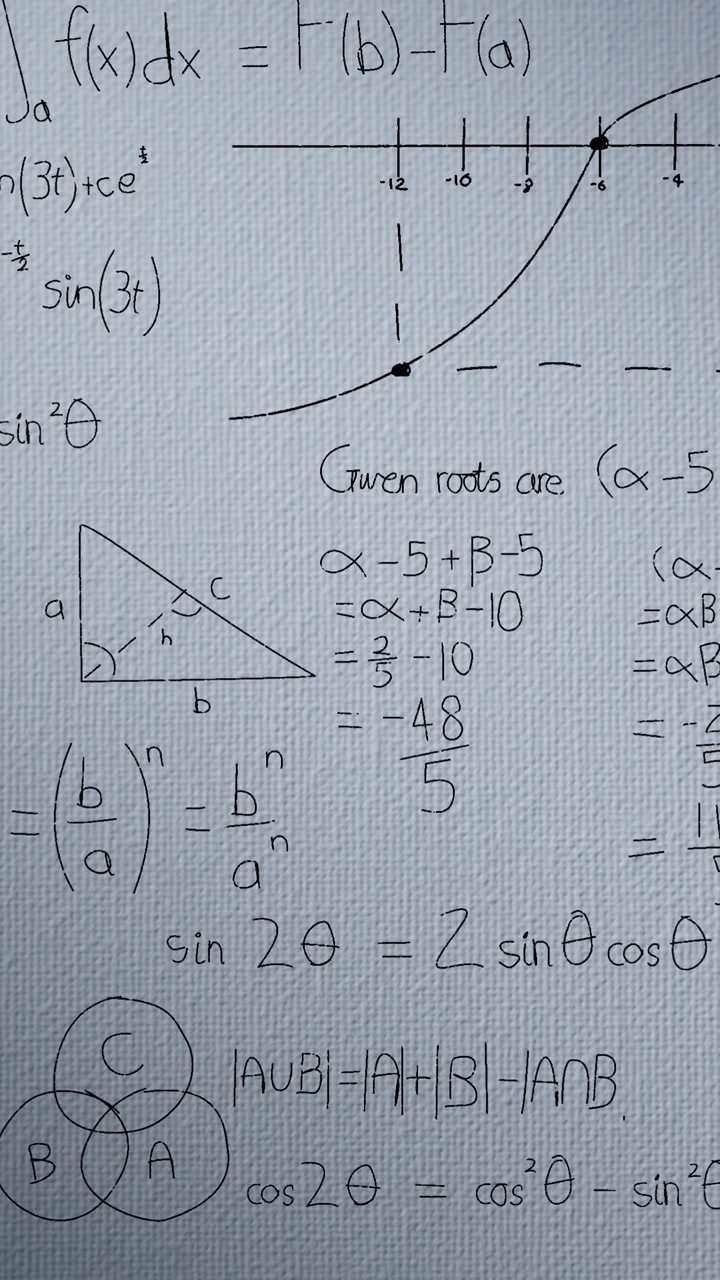 Animation of mathematical equations and formulas floating against grey textured background
