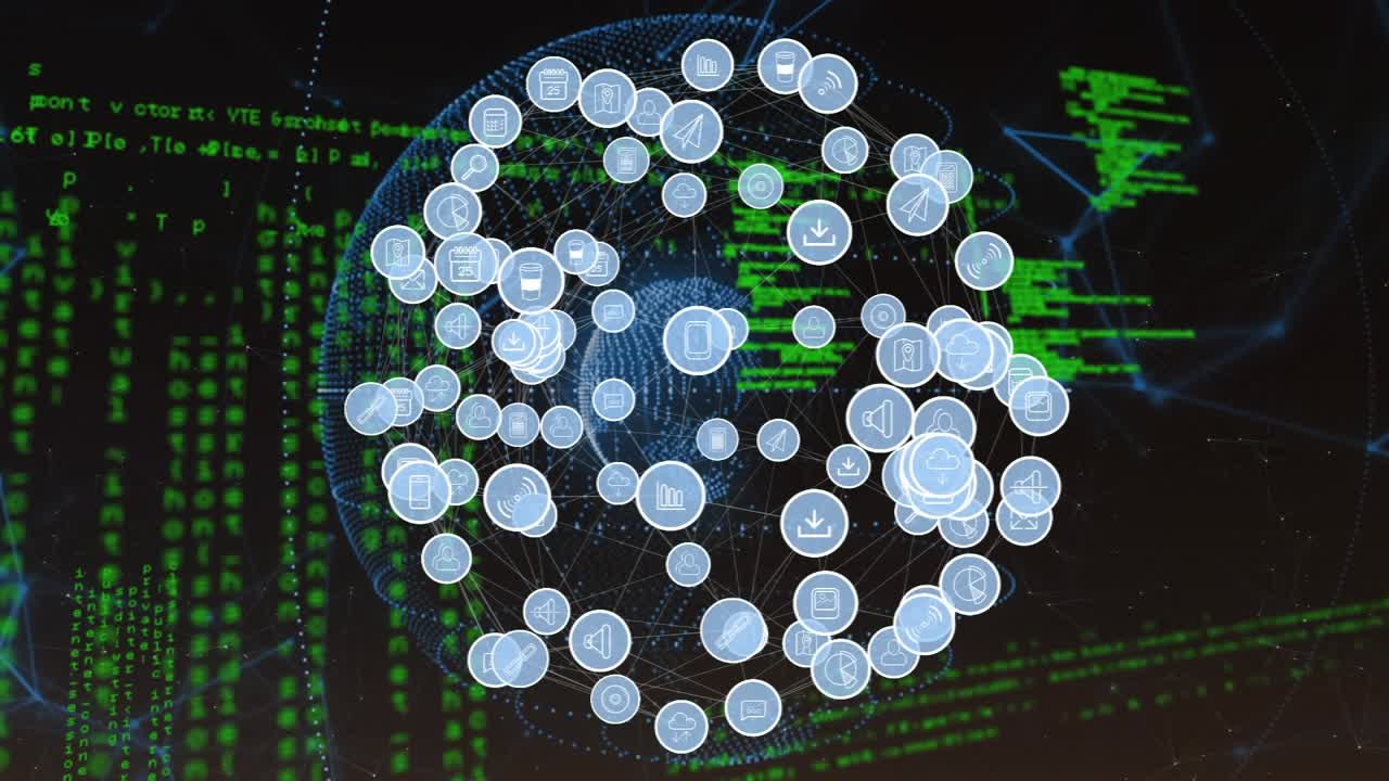 Animation of network of digital icons over spinning globe and data processing on black background