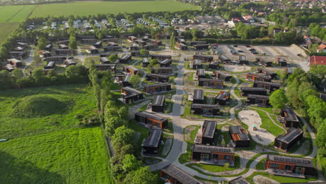 View-From-Above-Of-Sustainable-Lodges-At-Roompot-Beach-Resort-Brouwersdam-In-Scharendijke,-Netherlands