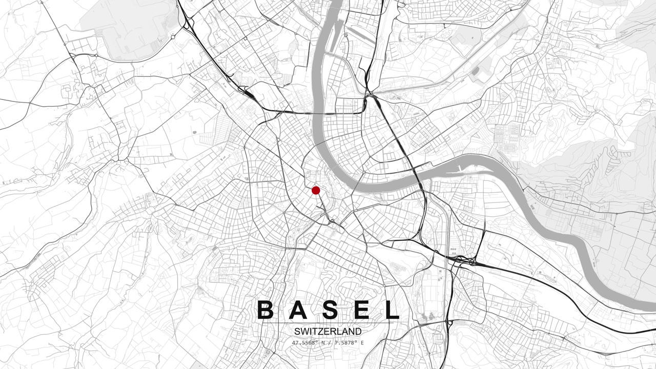 Monochrome map of Basel, Switzerland showing river curves, street grid and road network with a red location pin marking a point in the city.