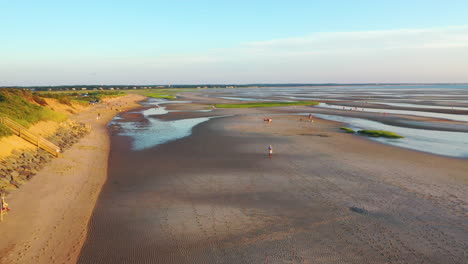 Am-Strand-Von-Cape-Cod-Bay-Befinden-Sich-Luftaufnahmen-Von-Drohnen-Bei-Ebbe-Während-Der-Goldenen-Stunde-Mit-Passanten,-Heller-Sonne-Tief-Und-Untergehend,-Schwenk-Nach-Rechts