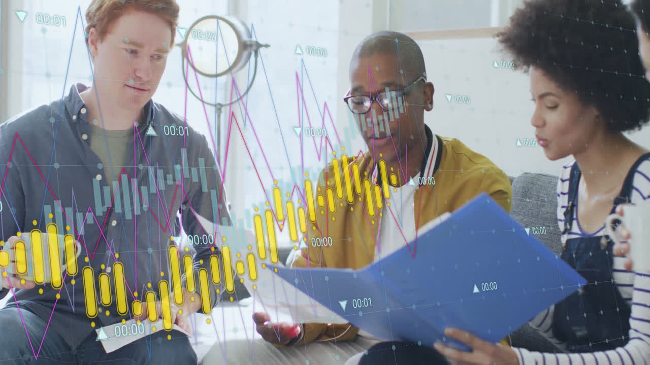 Animation of financial data processing over diverse business people in office