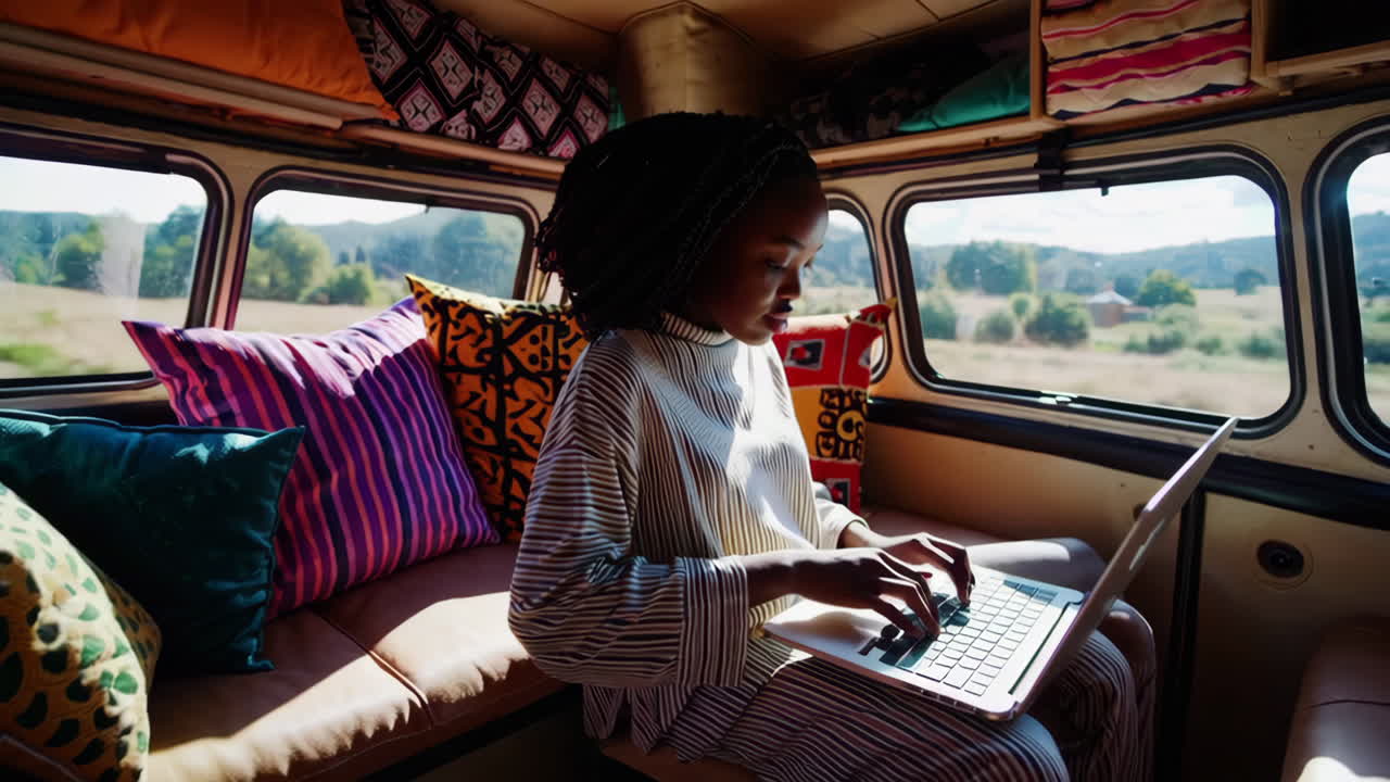 Woman working on laptop while traveling in van