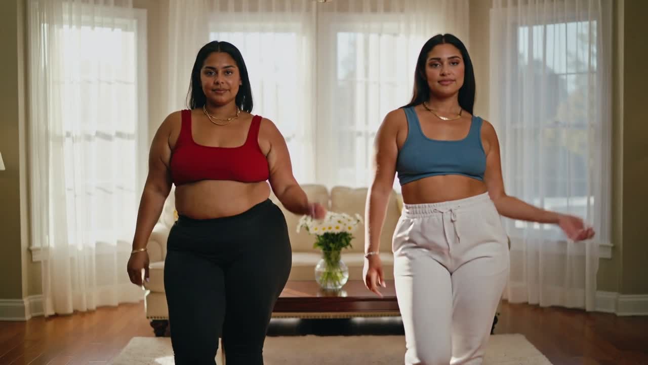 Scambiandosi uno sguardo, due donne provano una camminata sincronizzata a casa vicino al tavolino da caffè, indossando crop top.