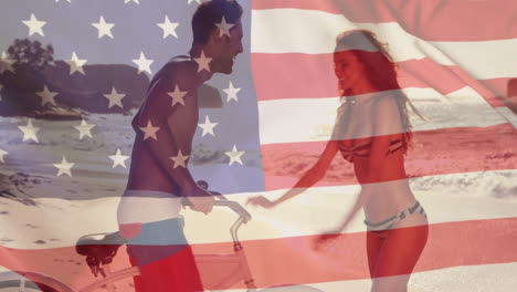 Animation-of-flag-of-usa-over-caucasian-couple-on-beach-in-summer