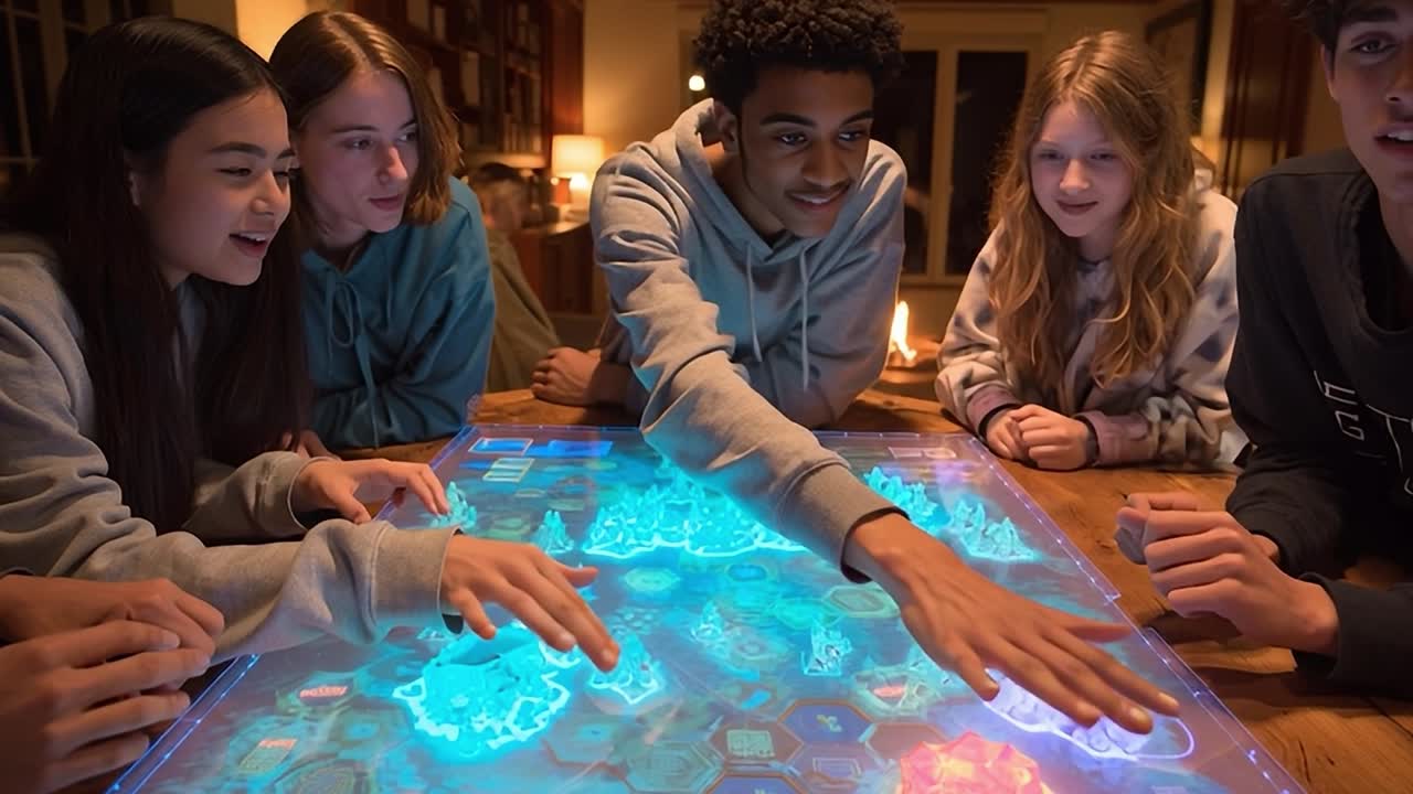 Group of friends engaged in a futuristic board game during a cozy evening
