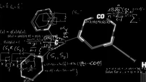 animation of chemical formula over mathematical equations on black background