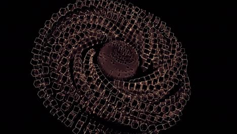 Metal or ron chain unusual spinning figure isolated on a black background. Design. Abstract metallic rotating and twisting shape, seamless loop