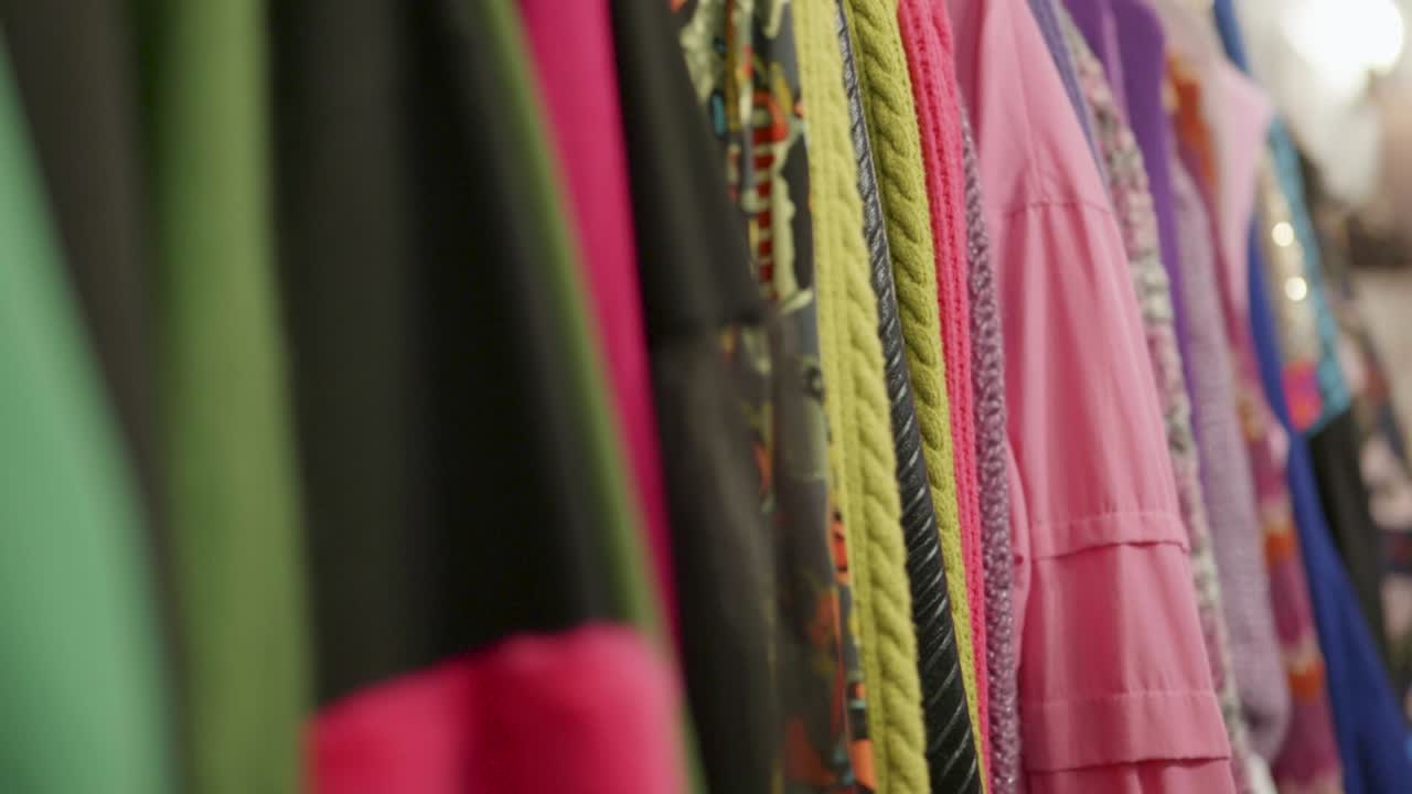 mujer pasa sus dedos a través de la ropa que están en un estante de ropa