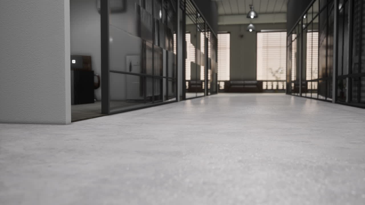 Modern office corridor showcasing minimalistic design and natural light