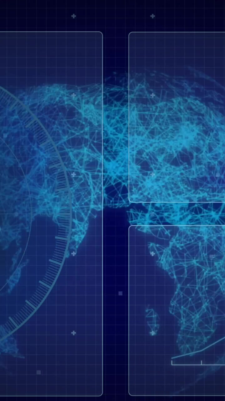 Animation of data processing with scope scanning and globe on black background