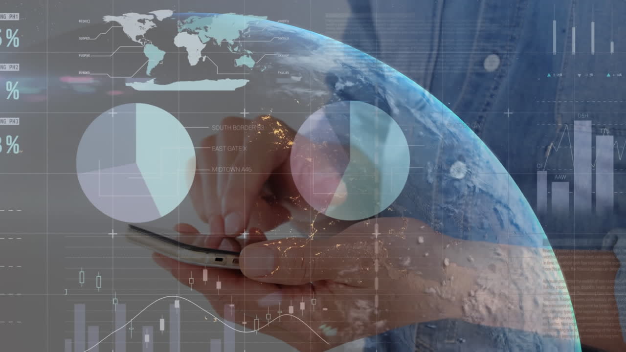 animação de processamento de dados estatísticos em todo o mundo contra a seção média do homem usando um smartphone
