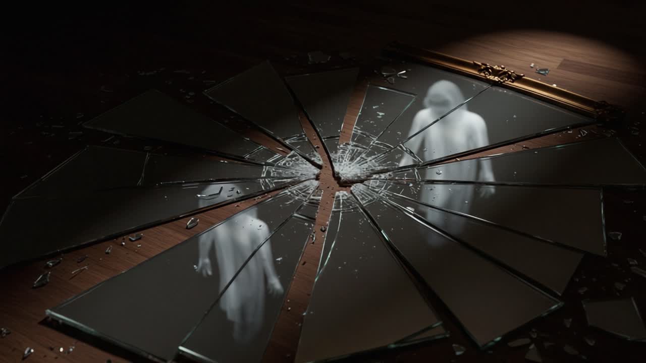 A haunting reflection captured in a broken mirror, revealing ethereal figures amid shards, evoking themes of vulnerability, identity, and fragmented reality