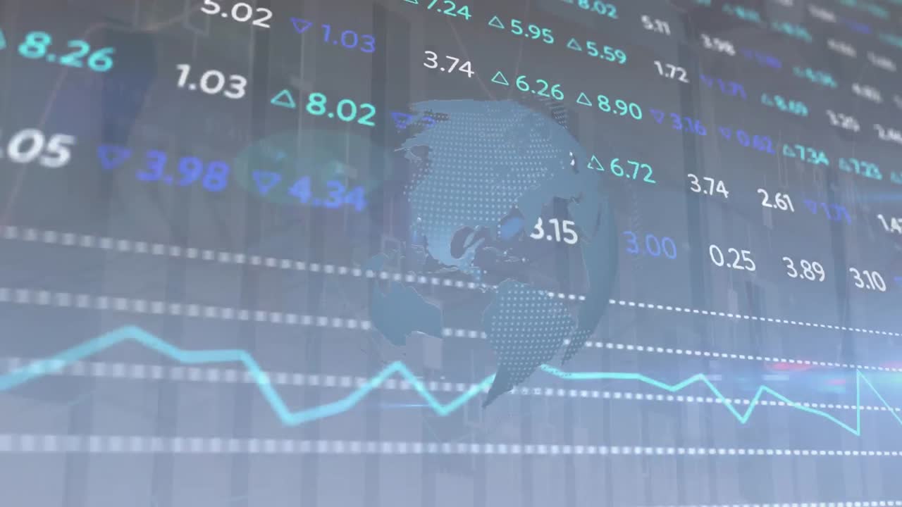 Animation of statistical and stock market data processing over spinning globe on grey background