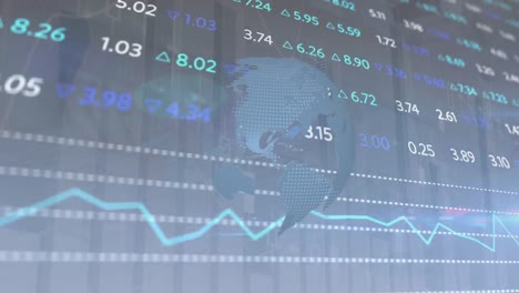animazione dell'elaborazione dei dati statistici e del mercato azionario su un globo rotante su sfondo grigio.