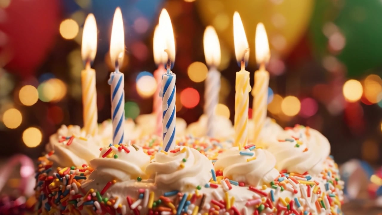 Una torta celebrativa circondata da palloncini colorati e decorazioni per feste, che mostra candele vivaci e guarnizioni dolci per un allegro raduno.