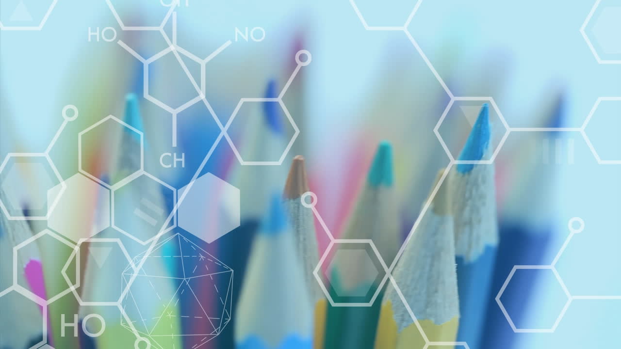 Animation of chemical structures moving over pencils
