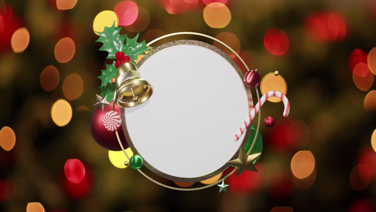 animación de decoraciones navideñas alrededor de un letrero circular blanco en blanco sobre luces rojas y naranjas.