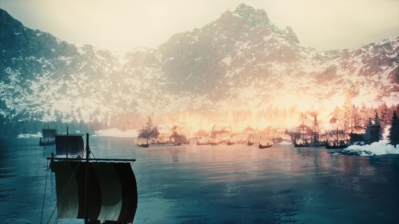 용감한 시바 이누 전사가 바이킹 배를 타고 새벽에 신비로운 눈 인 풍경을 항해하고 있습니다.