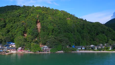 Stunning-aerial-top-view-flight-landslide-mudslide-destroyed-broken-ruined-Beach-Resort,-Environmental-disaster-Thailand-2022