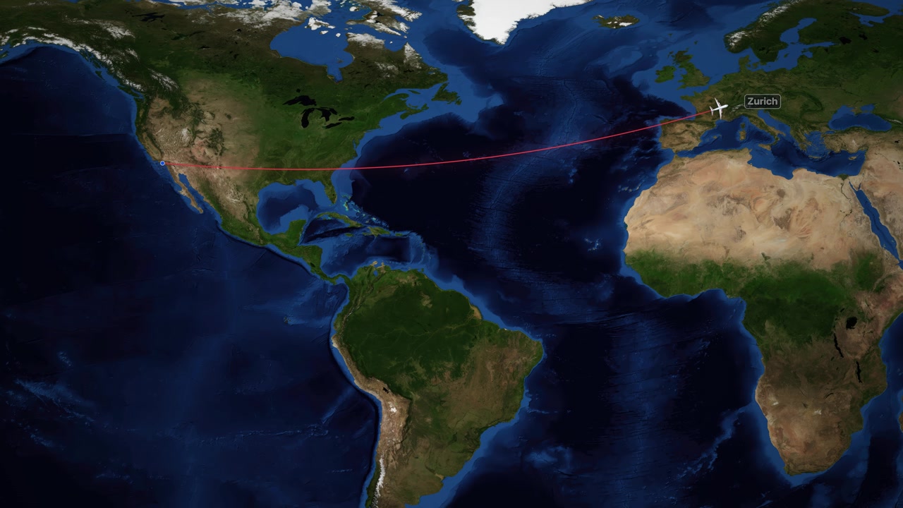 Mapa mundial satelital rastrea un avión volando de Los Ángeles a Zúrich con una línea roja.