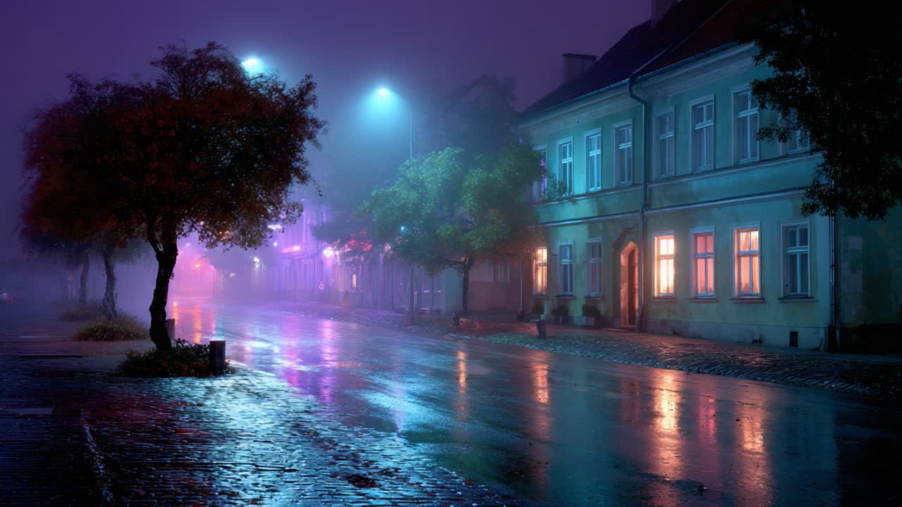 Mysterious Foggy Night: A Serene Street Scene Illuminated by Soft Lights Reflecting on Wet Pavement, Evoking a Tranquil Atmosphere in the Heart of the City