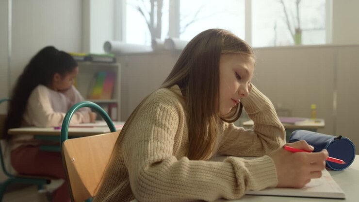 Ragazza diligente che scrive sul quaderno durante la lezione a scuola. Studente che prende appunti.