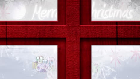 animación de la apertura de la ventana contra el texto de feliz navidad la nieve cae sobre los regalos en el paisaje de invierno