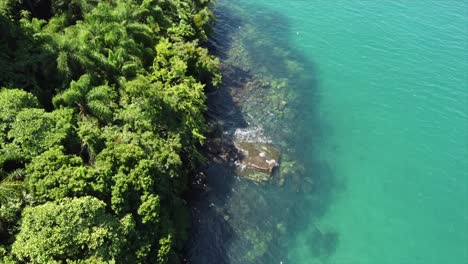 Tropische-Küste-Mit-Kristallklarem-Wasser,-Das-In-Den-Ozean-Schwenkt