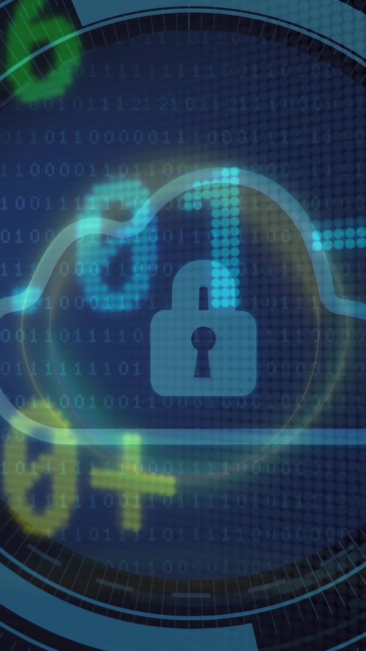 Animation of stock market data processing over cloud icon and security padlock icon