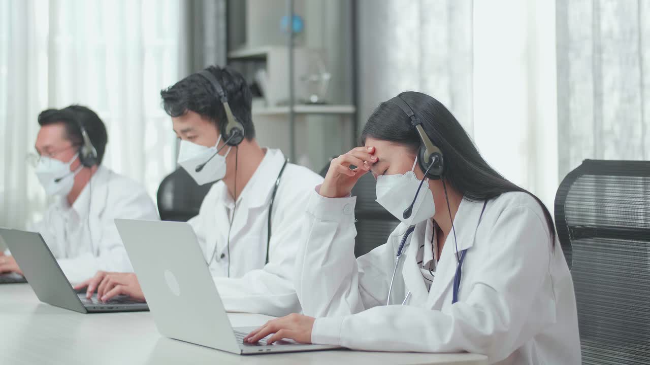 A Woman Of Three Asian Doctors With Stethoscopes In Headsets And Masks Working As Call Center Agent Is Tired Due To Working While Her Colleagues Are Speaking And Typing During A Call At The Office
