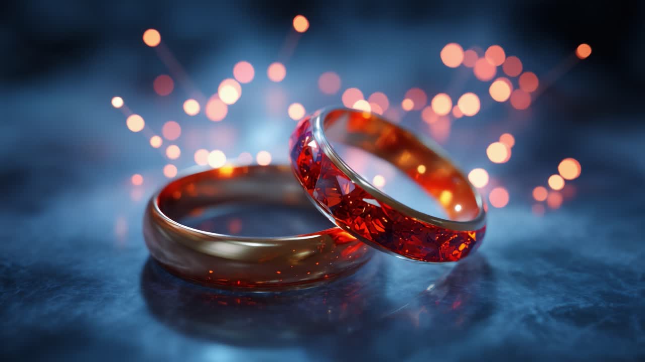 Boeiende close-up van twee elegante ringen ingelegd met edelstenen, glinsterend met stralend licht en levendige kleuren tegen een zacht verlichte achtergrond, waardoor een betoverende sfeer ontstaat