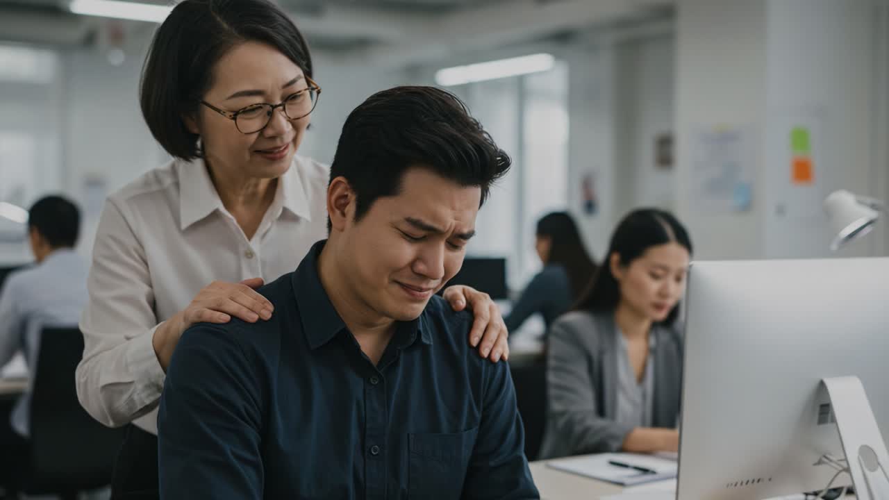 Supportive Colleagues in the Workplace: A Woman Comforts a Distressed Man as They Navigate Emotional Challenges Together in an Office Environment