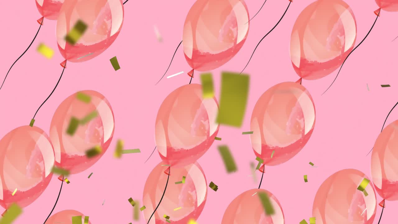 분홍색 배경 위에서 날아다니는 분홍색 풍선과 콘페티의 애니메이션