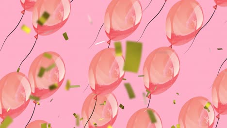 Animation-of-pink-balloons-flying-and-confetti-over-pink-background