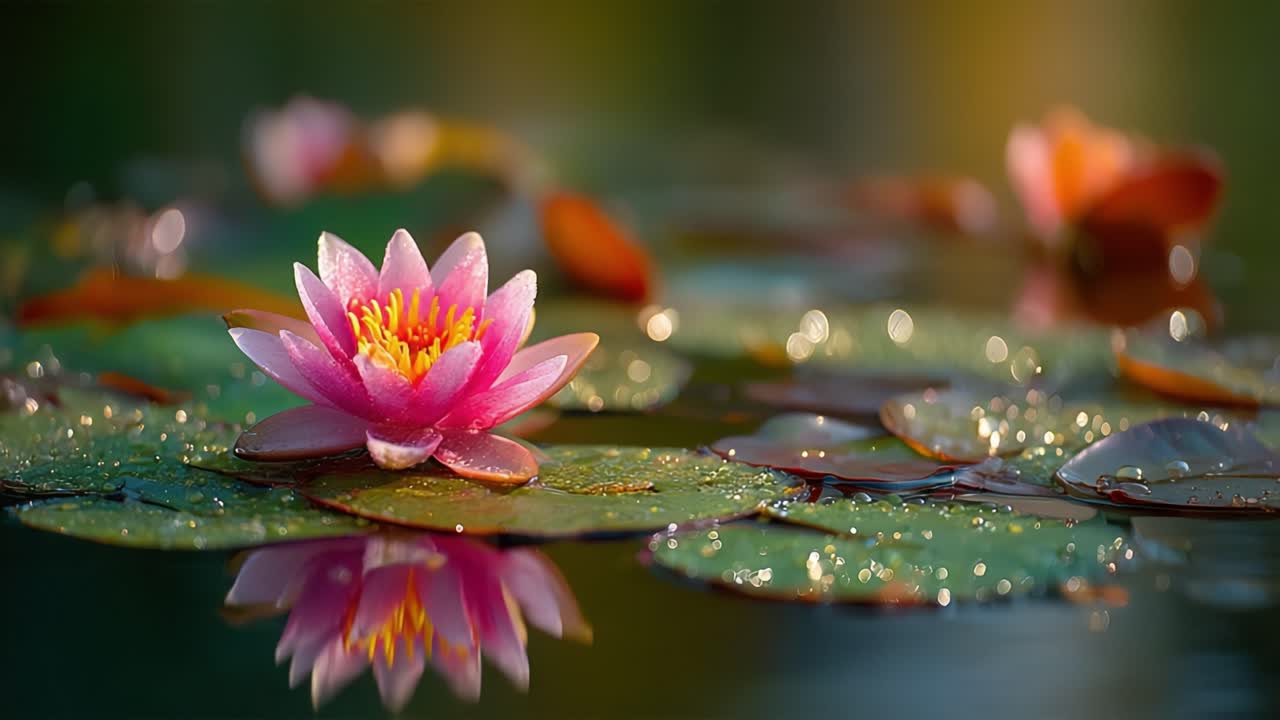 A Serene Moment of Beauty: A Close-Up of a Pink Water Lily Blossoming on a Tranquil Pond Surrounded by Lush Green Leaves and Soft Morning Dew Droplets
