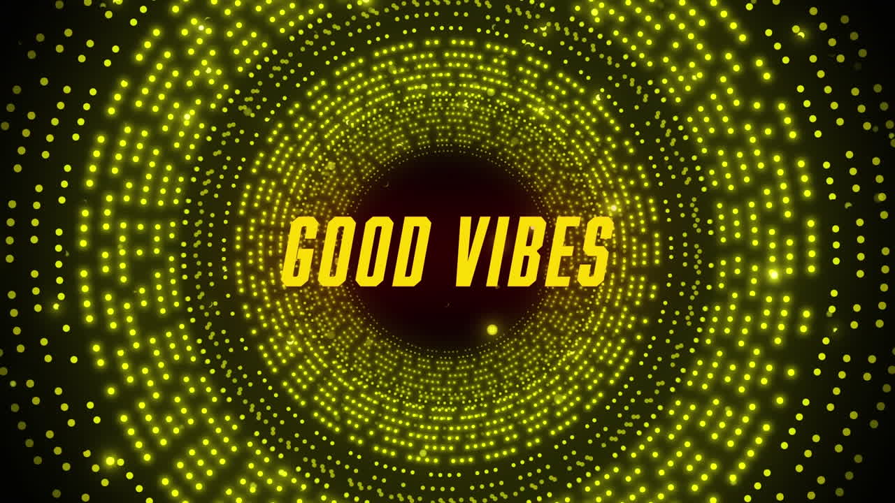 Animation of good vibes text over flashing yellow light pattern