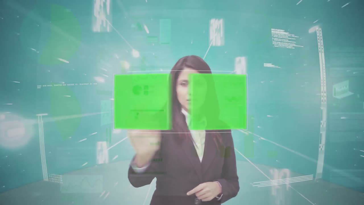 animación de una mujer de negocios usando pantalla táctil con pantalla verde e interfaz de procesamiento de datos