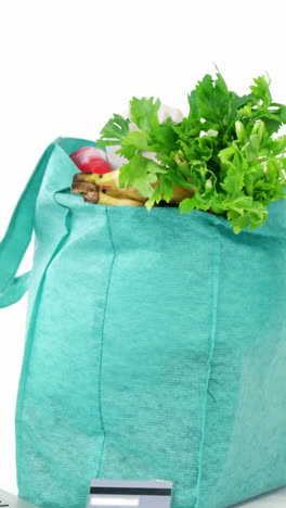 verduras frescas en una bolsa de compras con portátil