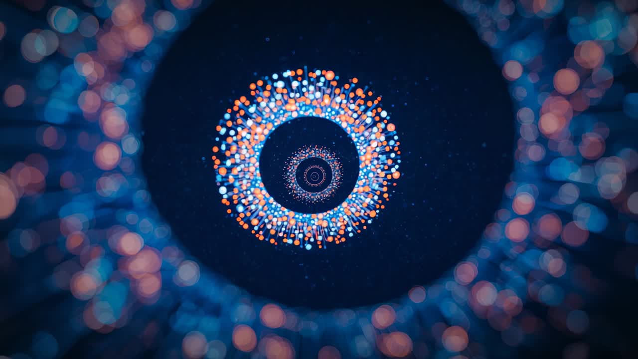 Reacting to ring arrival, dots emerging and forming growing rings around dark core in digital void